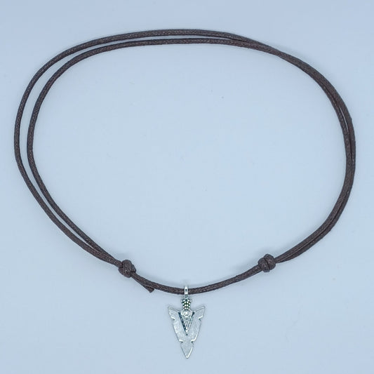 Silver arrowhead brown cord necklace with sliding knots